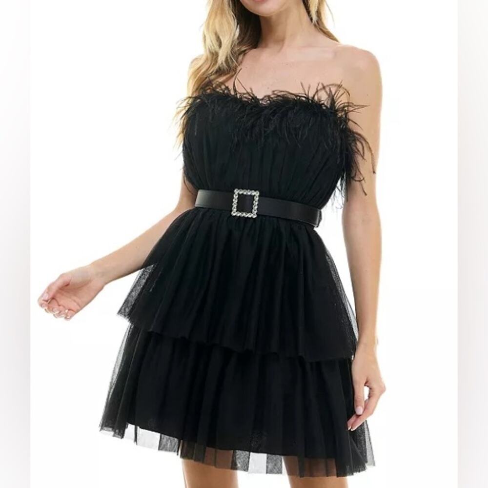 City Studios Juniors' Feather-Trim Strapless Fit & Flare Dress Black Sz 5/6
